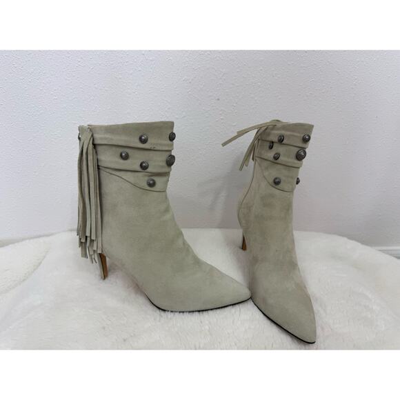 Paige Suede Fringe Studded Ankle Boots Size 8 Beige Western Boho - Picture 1 of 9